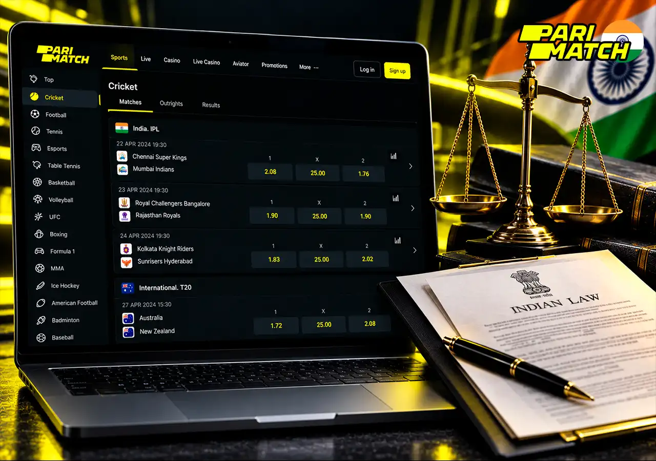 IPL betting legal review on laptop with scales, law document and India marker.