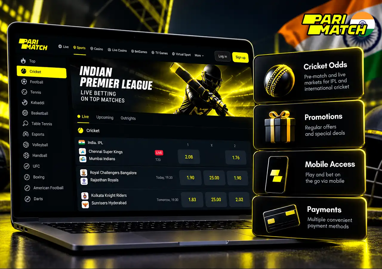 IPL overview on laptop with cricket odds, bonus, mobile access and payment checkpoints.